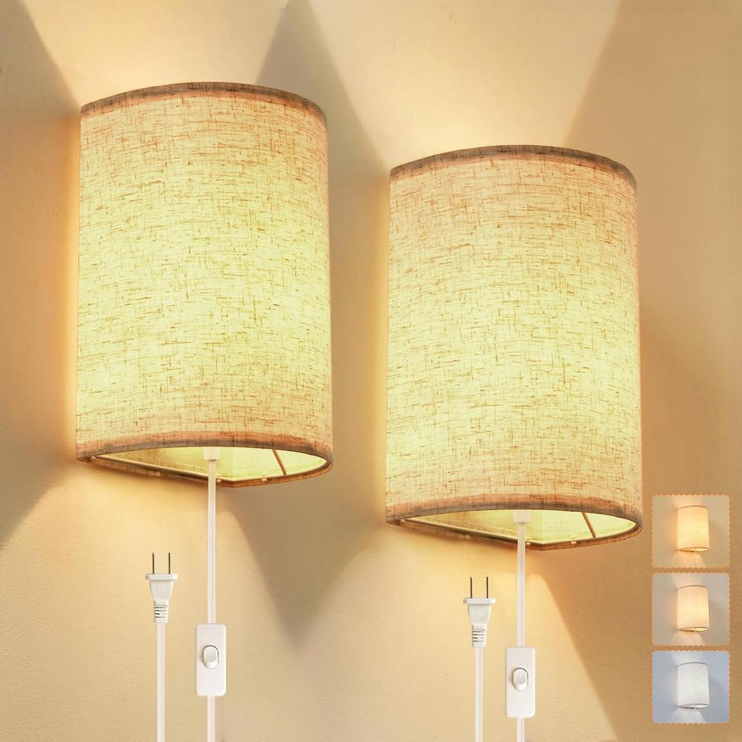 Plug in Wall Sconce, 3 Colors Wall Sconces Set of Two, Industrial Plug in Wall Light, Wall Sconce Lighting On/Off Switch Vintage Wall Lamp for Bedroom Living Room Hallway Porch (Beige)