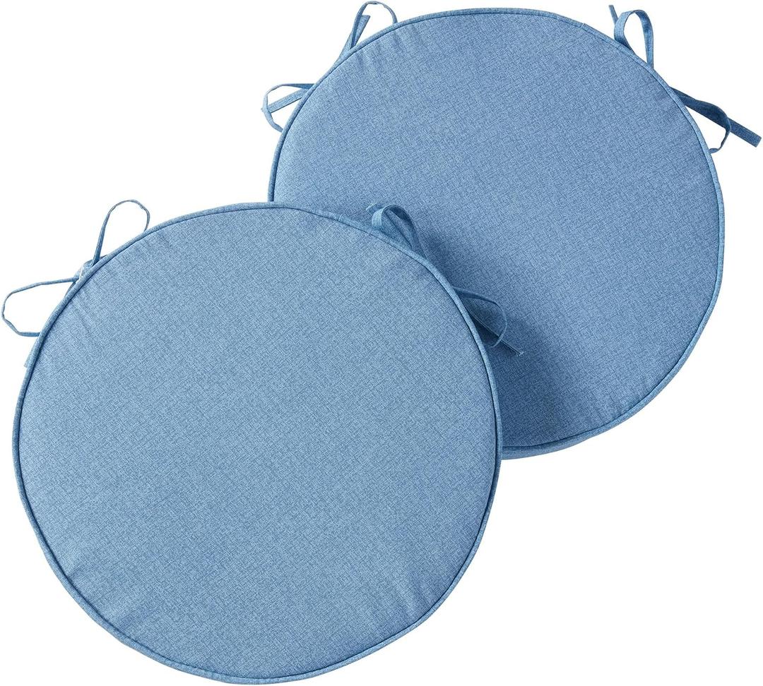 Set of 2 Outdoor 18 inch Round Patio Dining Chair Pads Comfortable Fiber-Filled Seat Cushions with Ties, Reversible Polyester Fabric, Denim, 18" x 18" x 2.5"