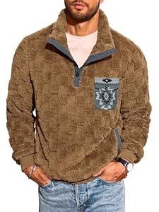 Yousify Mens Fuzzy Sherpa Sweatshirt Flannel Fleece Pullover Jacket Casual Quarter Button Aztec Coat Western Sweaters