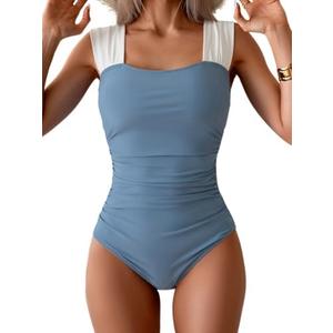 B2prity Womens One Piece Swimsuit Retro Square Neck Tummy Control Bathing Suits Ruched Modest Full Coverage Swimwear, M