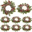 8 Pcs Christmas Candle Rings Mini Wreaths, Artificial Red Berries Snowy Pine Needles Pinecones Garland Candle Rings Holder for Christmas Table Centerpieces Door Window Wedding Party Decor (Green)