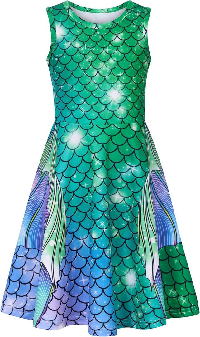 Funnycokid Girls Dress Summer Sleeveless Sundress Birthday Outfit Twirly Mermaid Party Kids  (6-7 Years)