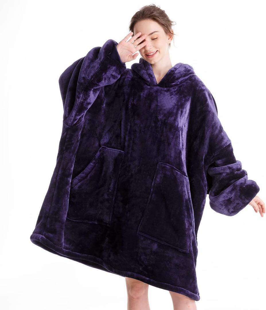 Aemicion Oversized Wearable Blanket Hoodie,Super Cozy Sherpa Hoodie Blanket, Big Thick Warm Soft Blanket Sweatshirt for Women Men-Dark Purple (Adult)