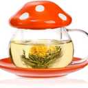 Acshio Mushroom Tea Cup, 11 Oz Cute Glass Cup with Tea Infuser and Lid, Heat Resistant Kawaii Mushroom Mug Set Coffee Teapot with Ceramic Coasters, Perfect for Mother's Day Birthday Gift, Orange