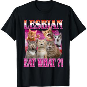 Lesbians Eat What?! Funny Cat Gay Pride LGBTQ Pun Men Women T-Shirt (Small, Black)