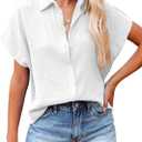 Dokotoo Casual V Neck Button Down Shirts for Women Solid Short Sleeve Blouse Tops (X-Large, 1 White)