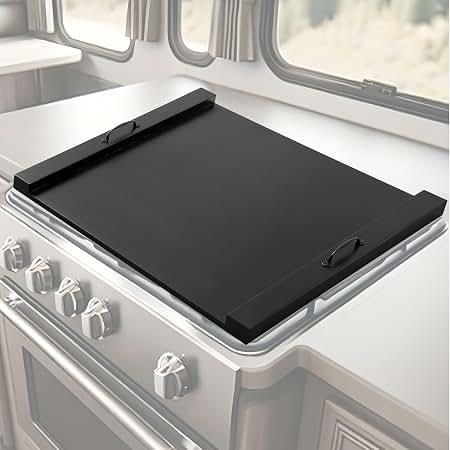 Maxdot Rv Stove Top Cover Board Wood Noodle Board Camper Stove Top Cover Countertop Cutting with 5 Pcs Adjustable Non-slip Rubber Feet Leg Juice Groove for Trailer Gas Burner Kitchen(Black)