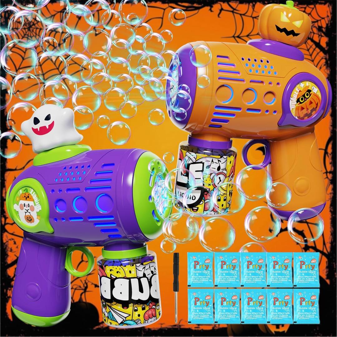 2 Pack Halloween Bubble Guns for Kids- Pumpkin & Ghost Bubble Machine with LED Lights, No-Leak Design - Halloween Toys & Gifts for Toddlers, Kids - with 10 Bubble Concentrates