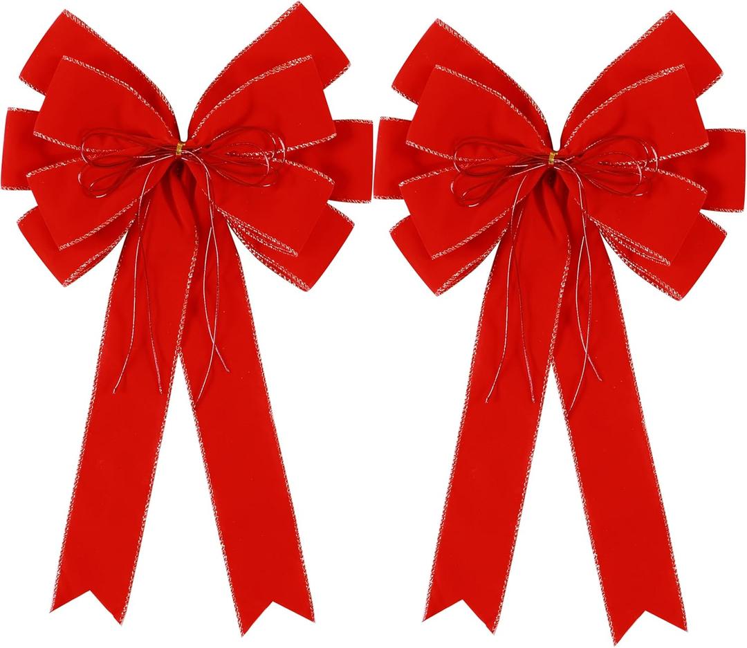 2 Pack Red Christmas Bows Outdoor Decorations,12x20 Large Velvet Wreath Bow with Glitter String Gold Edge for Xmas Tree Topper Home Front Door Decor