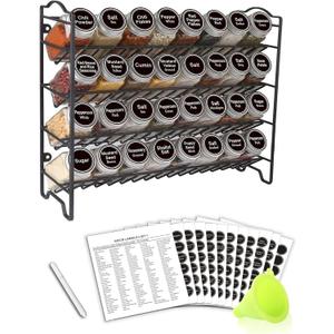 SWOMMOLY Spice Rack Organizer with 32 Glass Spice Jars, 396 Spice Labels, Chalk Marker and Funnel Complete Set, for Cabinet, Countertop, Cupboard or Wall Mount, Black (4 Tier)