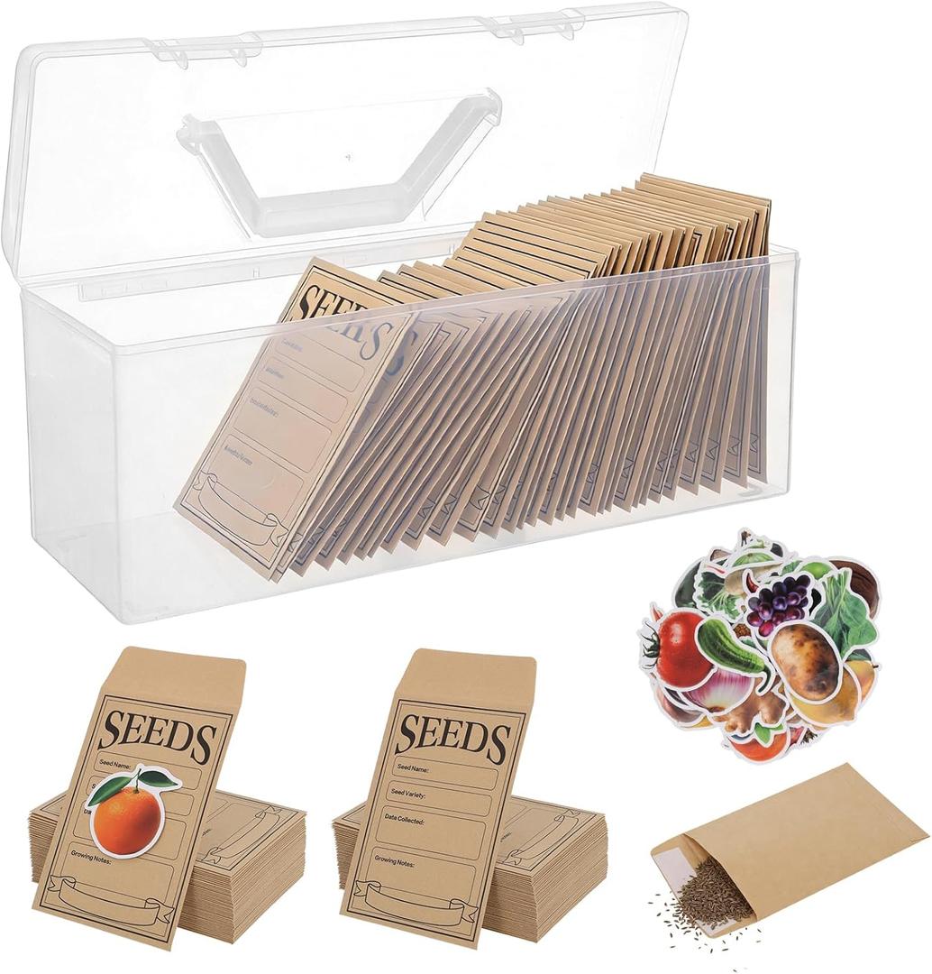 Plastic Clear Seed Storage Organizer Box with Handle, Garden Seed Organize Sealed Box 100 Envelopes and Stickers Saving Container Keeper Set for Garden Vegetable Flower Plants