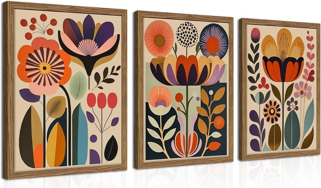 Framed Colorful Floral Wall Art Set of 3, Abstract Scandinavian Flower Canvas Wall Decor Paintings, Mid Century Modern Botanical Artwork Pictures Prints for Living Room Bedroom Dining Room 16x24 Inch, 24L" x 16W"