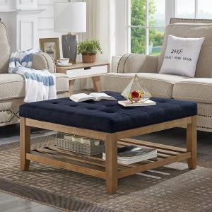 24KF Large Square Upholstered Tufted Linen Ottoman, Large Footrest Ottoman with Solid Wood Shelf- Navy Blue (33.5"D x 33.5"W x 18"H)