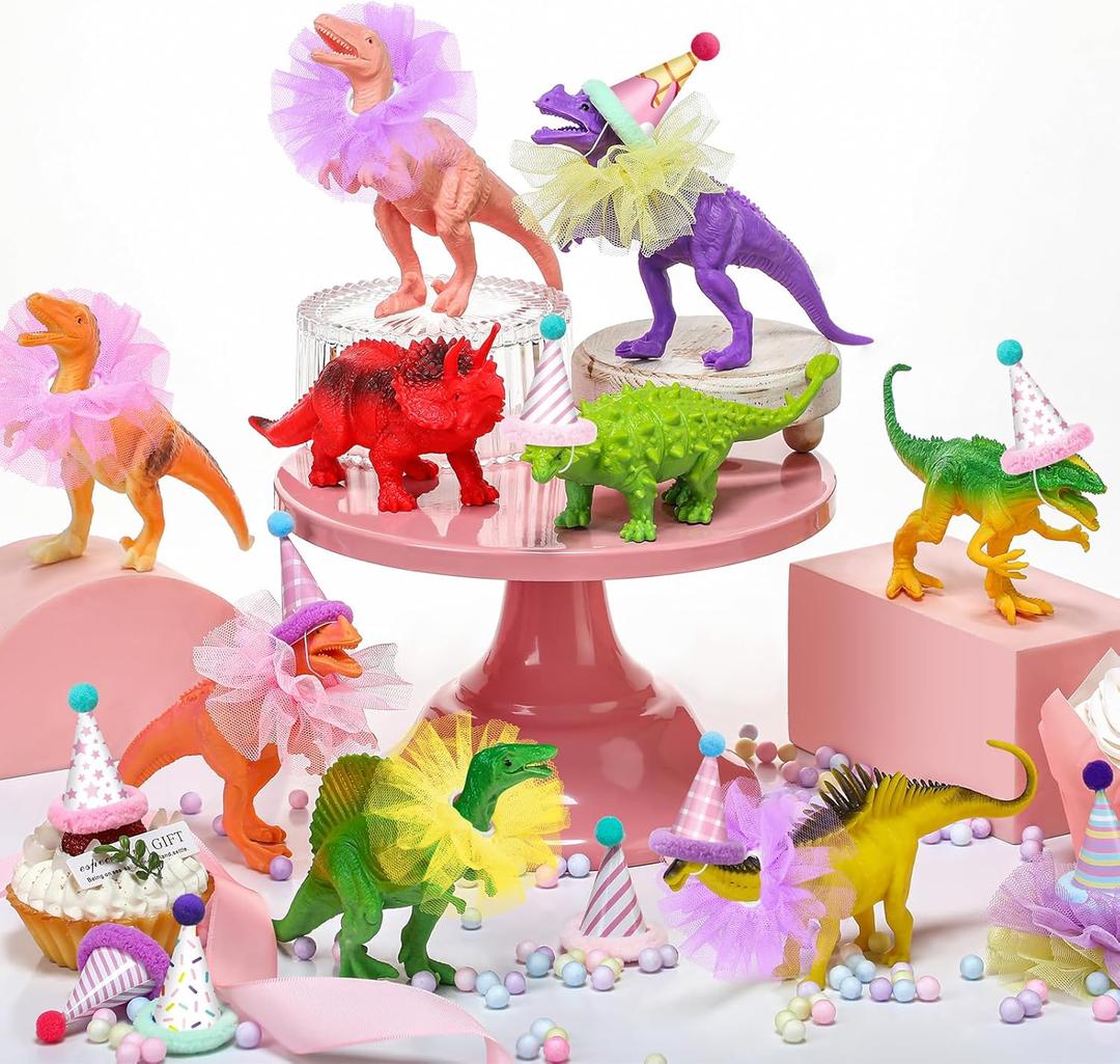 Weysat 27 Pcs Colorful Dinosaur Cake Topper Animals Figures Birthday Party Decorations with Mini Birthday Hat with Pom Poms Animals Cupcake Toppers Decoration with Mini Skirt for Themed Party