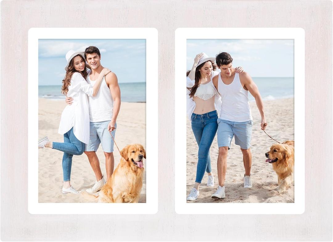 5x7 Collage Picture Frames,5 x 7 Double Picture Frame Rustic White 2 Opening 5 by 7 Photo Frames with Tempered Glass for Tabletop or Wall Mounting(1 Pack)