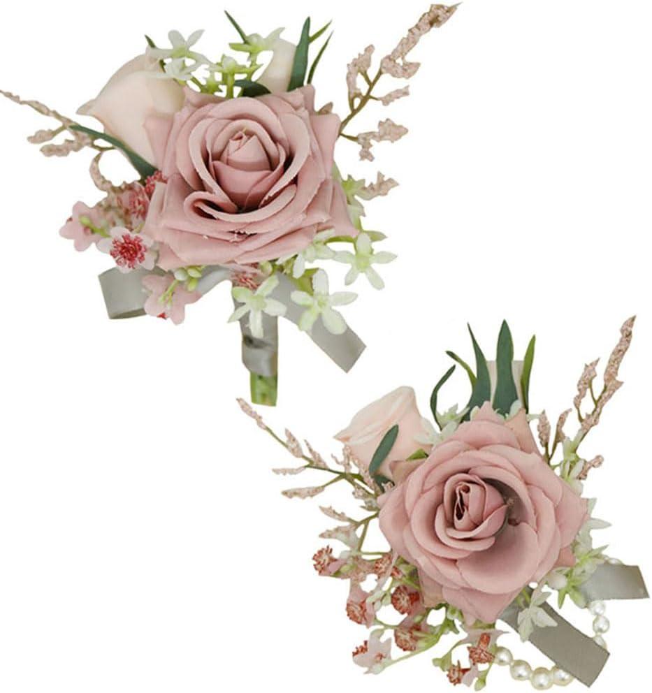 MAFELOE Wrist Corsage and Boutonniere Set Artificial Rose Flowers Accessories for Groom Bride Groomsmen Bridesmaids Wedding Party Prom Suit - Pink B 2 Pieces