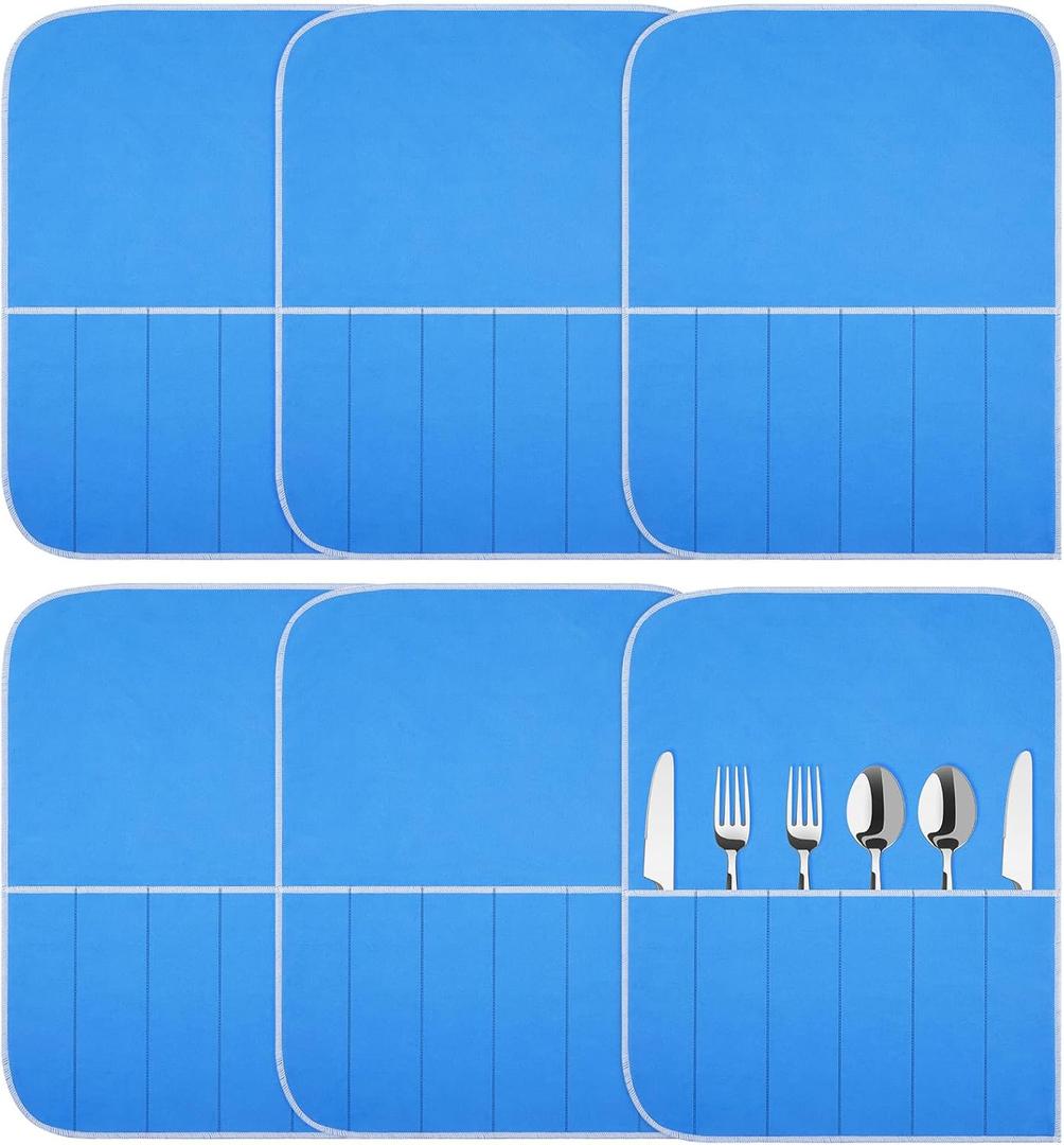 Weewooday Silver Storage Bags Anti Tarnish Silver Protector Bags Blue Holder for Silverware Flatware Storage Organizer Cloth Place Setting Roll with White Ribbon for Teaspoon Utensils(6 Pieces)