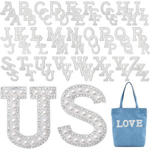 WILLBOND 78 Pcs Pearl Letter Patches Pearl Iron on Letter Patches Rhinestone A-Z English Rhinestone Glitter Alphabet Repair Embroidered Sew on Appliques(White)