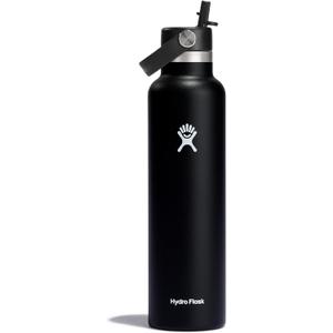Hydro Flask Water Bottle - Insulated Stainless Steel - Straw Lid, Non Spill, Leakproof 24 Oz Black