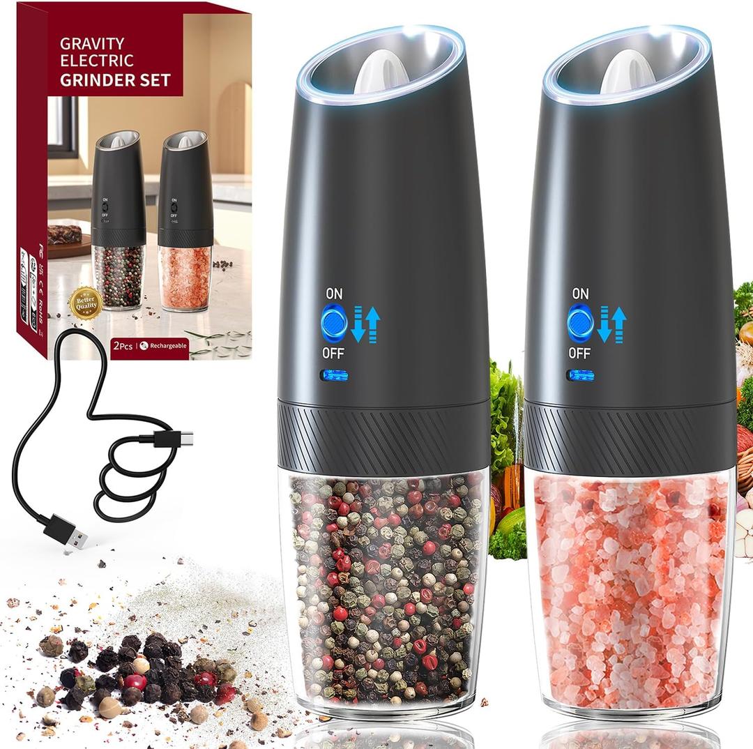 RECHARGEABLE - Gravity Electric Pepper and Salt Grinder Set, Adjustable Coarseness, With LED Light, One Hand Automatic Operation, (2 Pack Black)