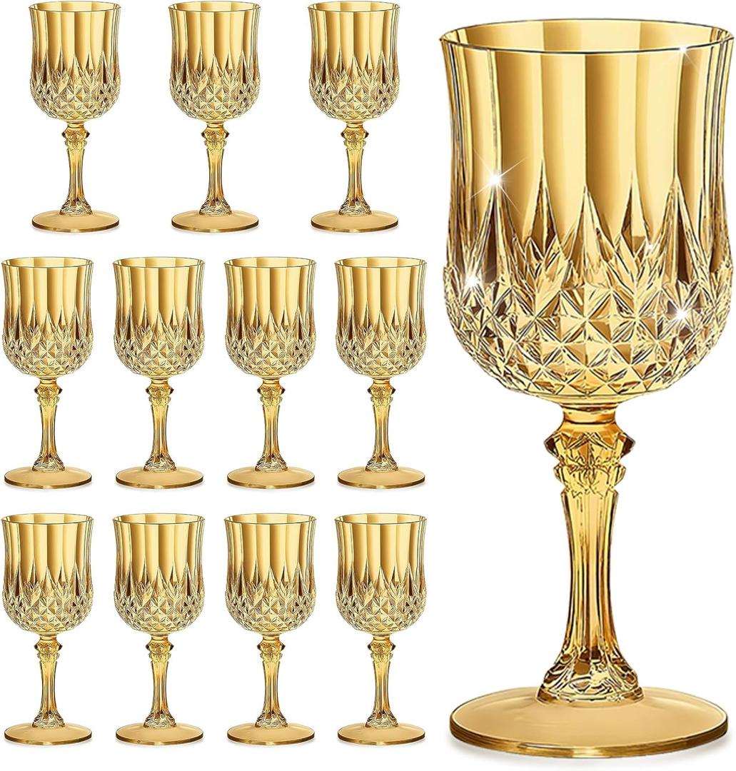 7OZ Plastic Wine Glasses, Reusable Vintage Goblets Unbreakable Drinking Glasses Crystal Water Cups Champagne for Wedding, Parties, Easter (12, Gold)