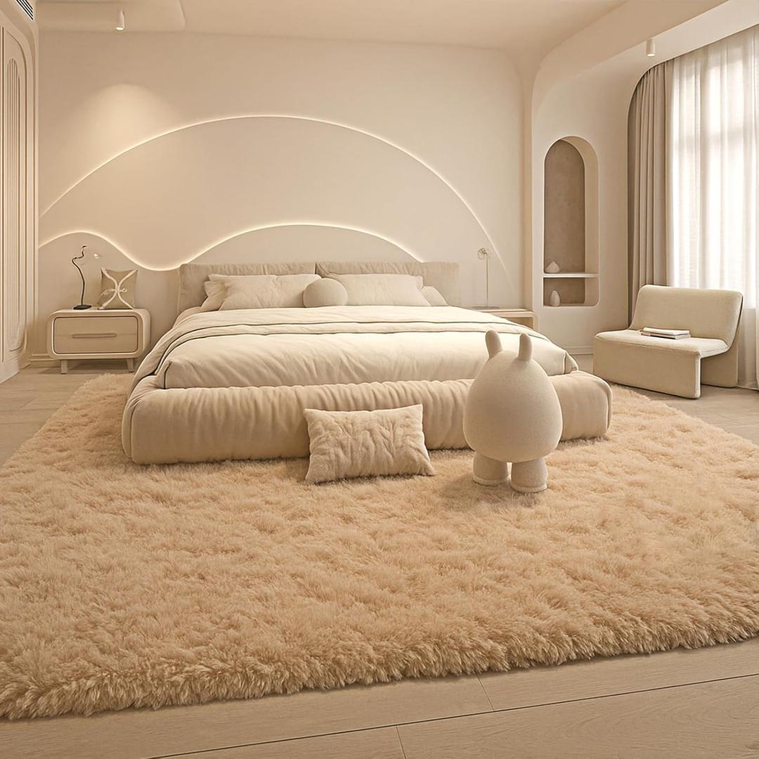 8x10 Area Rugs Living Room, Beige Large Plush Fluffy Bedroom Carpet, Non-Slip Upgraded Indoor Thick Soft Rug, Modern Plush Carpet Suitable for Kids Home Decor Aesthetics Dorm.