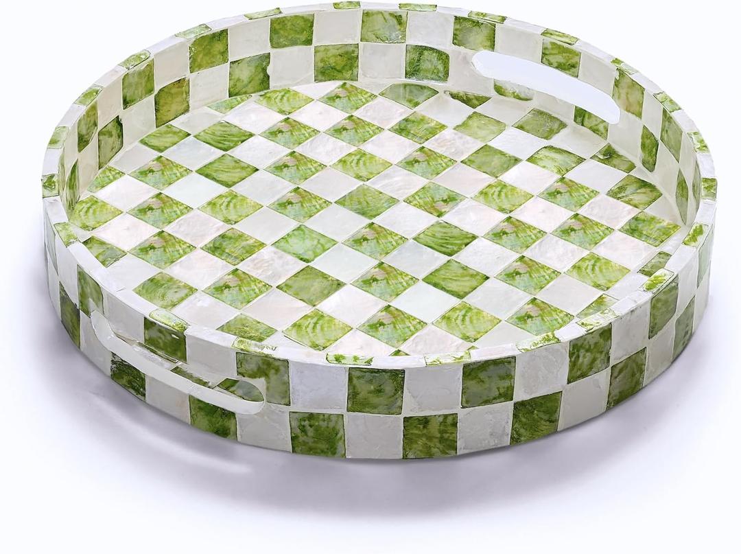12.6" Capiz Decorative Tray with Handles, Checkered Round Serving Tray for Coffee Table, Kitchen Counter, or Bathroom (Pistachio Green)