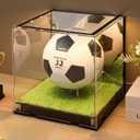 Geelin Soccer Ball Display Case with LED Light, 12" x 11" x 10.5" Light up Acrylic Clear Display Case Box with Mirror Back and Turf Grass, Storage Cube for Soccer Ball Memorabilia Collector Gift
