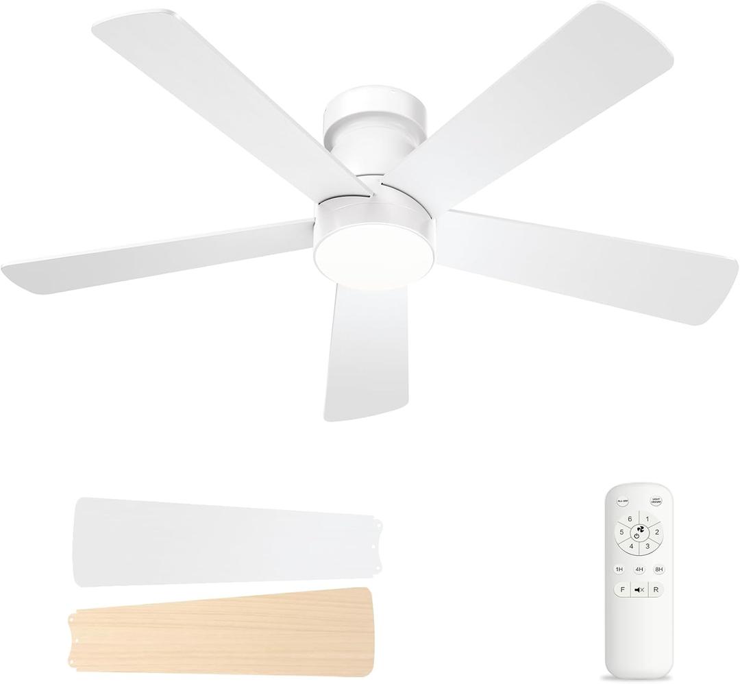 Ceiling Fans with Lights, 48 inch Low Profile Ceiling Fan with Light and Remote Control, Flush Mount, Reversible, 3CCT, Noiseless, 5 Blades White Modern Ceiling Fan for Bedroom Living Room