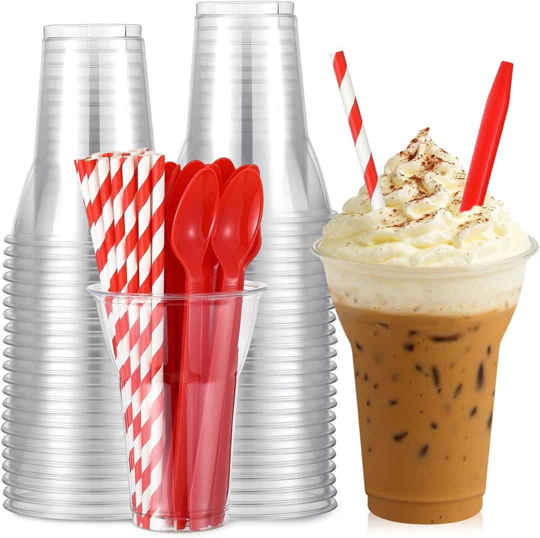 Baderke 25 Sets Plastic Parfait Cups with Red Plastic Soda Spoons and Paper Straws Disposable Root Beer Float Cups Clear Milkshake Mugs for Ice Cream Sundae Yogurt Party Drinks (12oz)