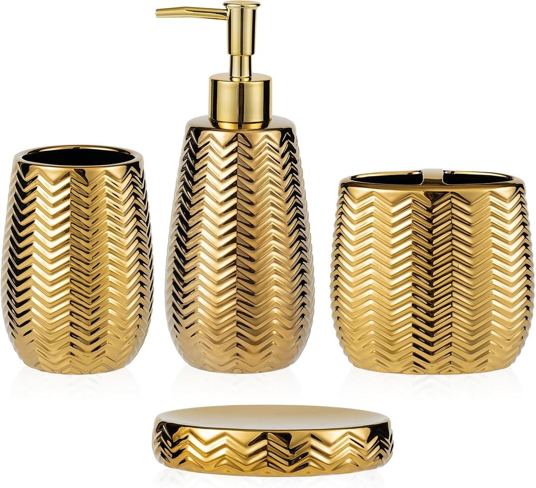 Bathroom Accessories Set 4 Pcs, Gold Ceramic Bathroom Accessories Complete with Soap Dispenser, Toothbrush Holder, Bathroom Tumbler, and Soap Dish - Modern Bathroom Decor