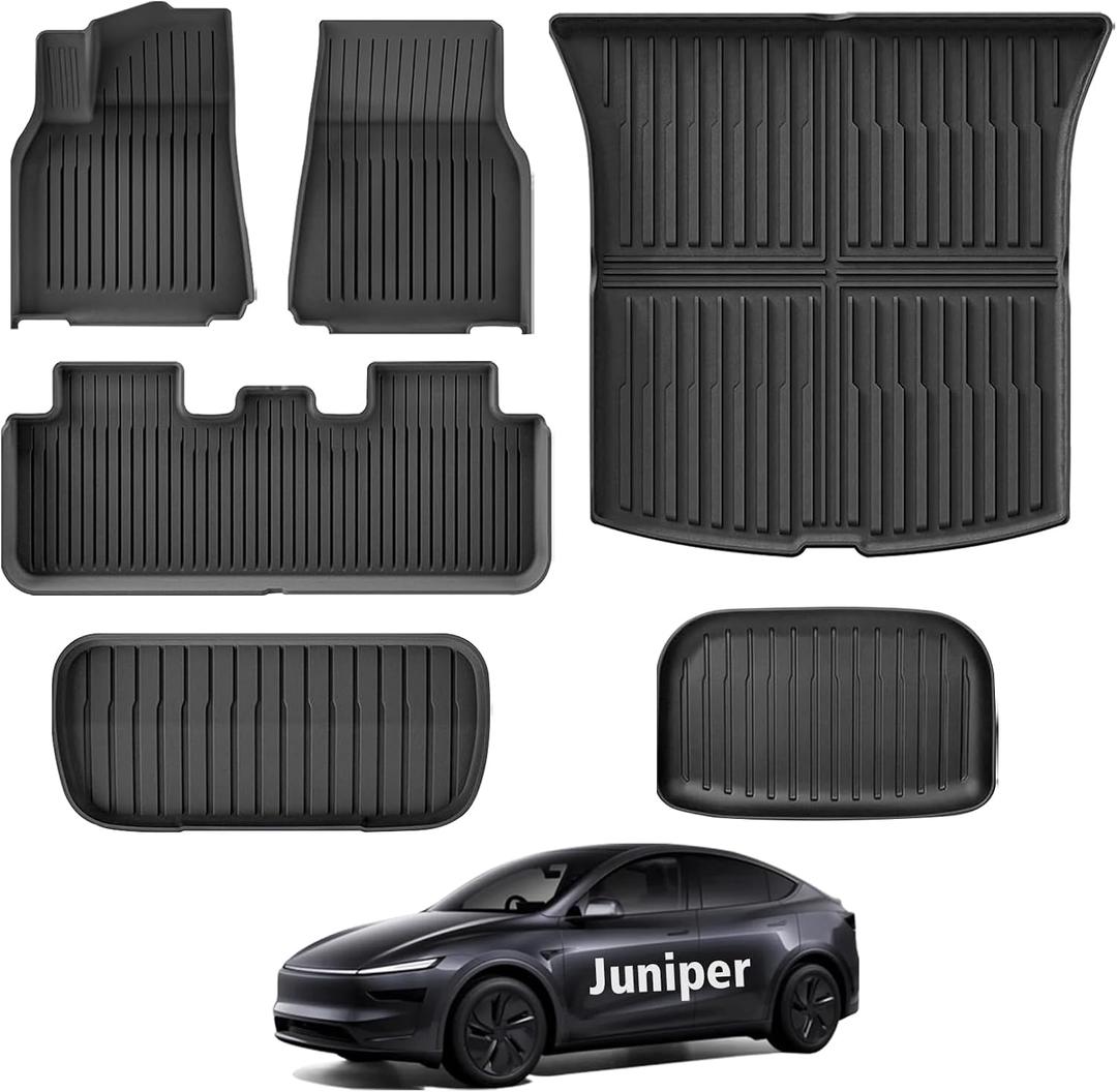 MYCO 2025 2026 Tesla Model Y Juniper Floor Mats 5-Seater, Set of 6 Custom Fit All-Weather TPE Waterproof Non-Slip Front & Rear Trunk Cargo Liners (Only for Tesla Model Y Juniper)