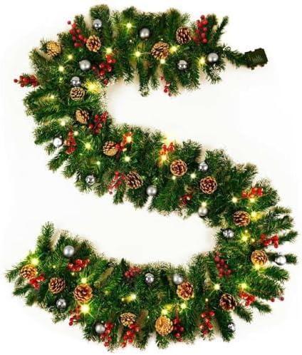 9FT Christmas Garland with Lights, Pre-Lit Christmas Garland Decorated with Red Berries Silver Balls and Pinecones, Battery Operated Christmas Decorations for Mantle Fireplace Indoor Outdoor Home