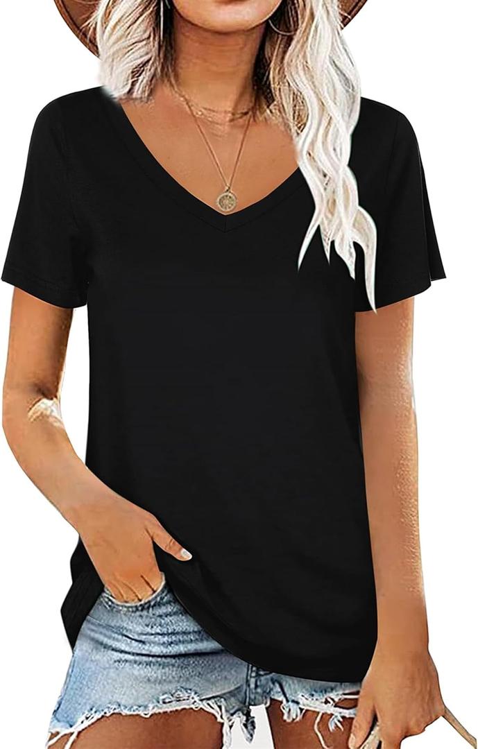 lime flare Womens Summer Tshirts V Neck Casual Short Sleeve Tunic Tops Tees (Black, S)