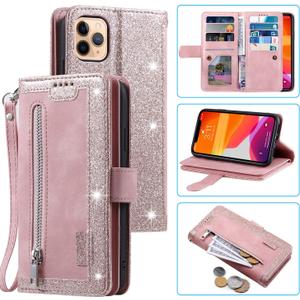 EYZUTAK Wallet Case for iPhone 13 Pro 6.1 inch, Retro Matte 9 Card Holder Slots Zipper Pocket Case PU Leather Magnetic Closure Kickstand with Wrist Strap Folio Flip Case - Rose Gold