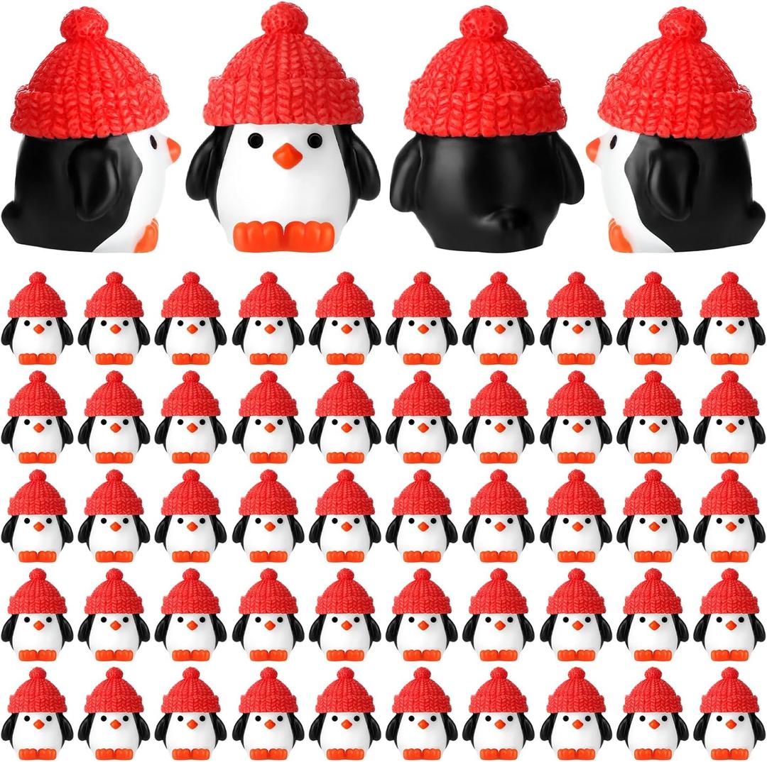 Soulchen 50 Pcs Winter Mini Penguin Figurines Small Resin Penguin with Red Hat Tiny Animal Statue Cake Topper Birthday Decorations for Christmas Micro Landscape Party Supplies Doll House DIY Craft