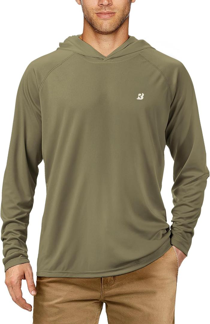 Roadbox UPF 50+ Fishing Shirts for Men, Long Sleeve UV Sun Protection Hoodie, Outdoor Hiking Running Swimming Rash Guard (Medium, No Thumb Hole-khaki)
