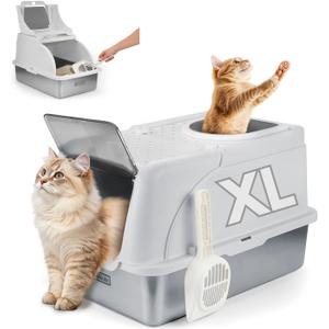 XL Stainless Steel Litter Box with Lid, Covered Top Entry Cat Litter Boxes, Extra Large Metal Enclosed Litter Box, Helps Reduce Odors, Leak-Resistant, Includes Litter Scoop (Grey)