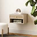 Nathan James Jackson Wall Mounted Rattan Floating Bedroom Nightstand with Storage Drawer and Modern Open Shelf Cubby, Light Oak/Rattan
