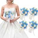 CYLS 7in Artificial Flowers Wedding Bouquets for Bridesmaid Set of 4,Light Blue Bridesmaid Bouquet with Pearls for Wedding Ceremony Festivals Anniversary Bridal Rehearsal Dinner Party Table Decor