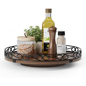 12" Lazy Susan Turntable Organizer for Table Top, Round Wooden Lazy Susan for Cabinet, Farmhouse Decorative Tray for Coffee Table, Kitchen Organizer Countertop, Center Piece Decor, Rustic Brown