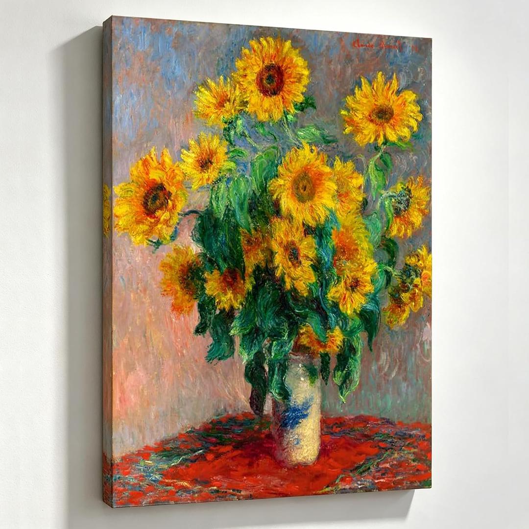 Woxfcart Sunflower Flower Decor Wall Art, 16 x 20 Monet Floral Painting Artwork Canvas Print for Bathroom Bedroom, Ready to Hang