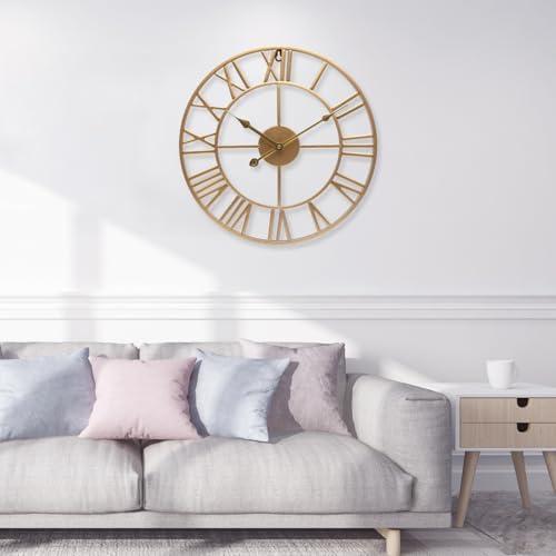 bakbrand Large Wall Clock 16 Inch Gold Roman Numerals Metal Clock Battery Operated Silent Non-Ticking Decor Clock Modern Round Oversize Wall Clocks for Home, Hotel, Office, Bedroom (Gold, 16inch)