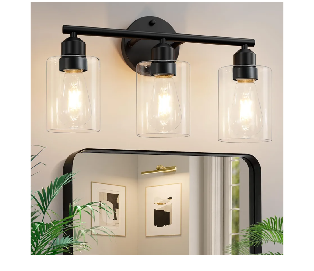 A1A9 3Light Bathroom Vanity Light, Modern Black Wall Lights with Clear Glass Shades, Bathroom Wall Sconce Lamp for Mirror Living Room Bedroom Hallway