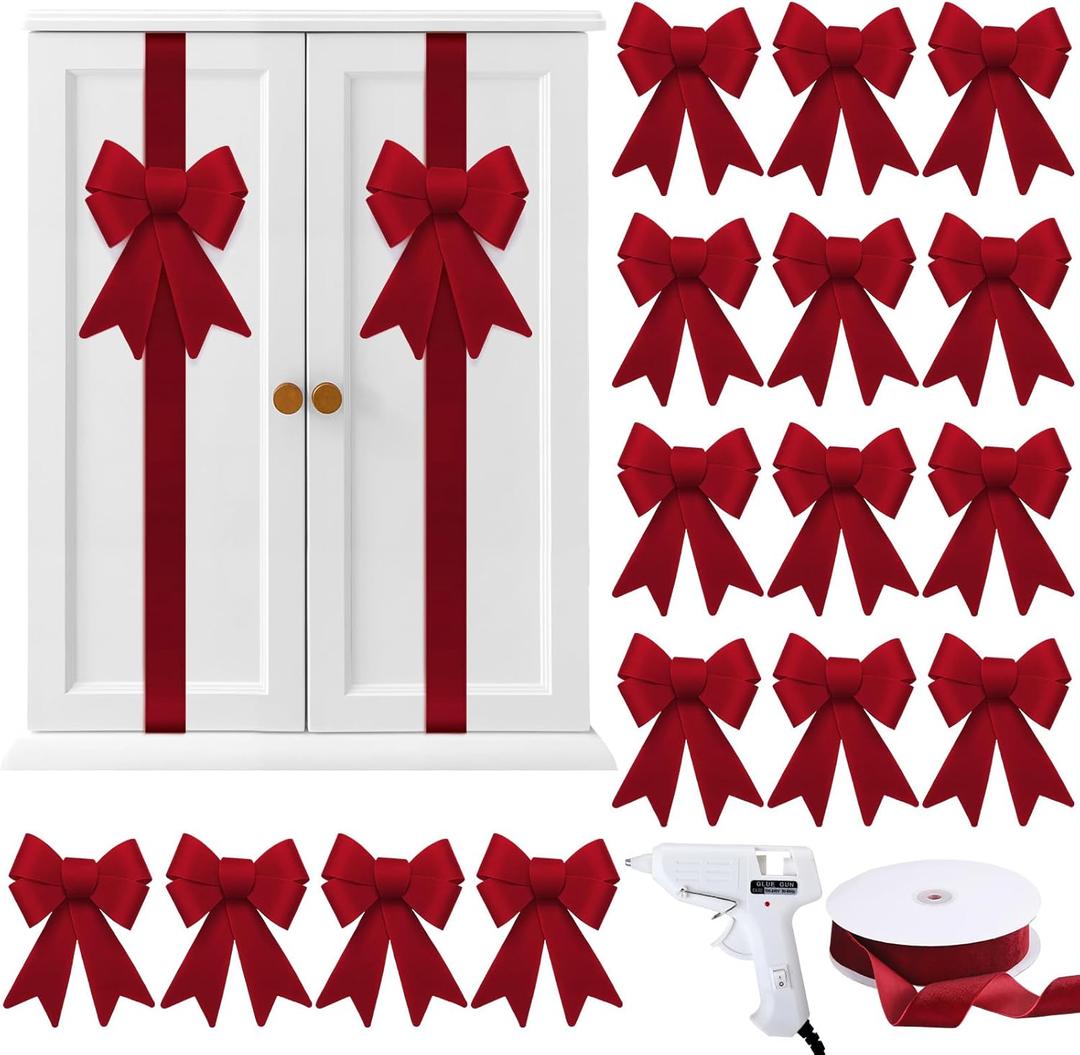 16 Pcs Christmas Cabinet Bows DIY Kitchen Velvet Cabinet Ribbons Bows for Kitchen Dining Door Home Holidays Decoration(Burgundy,Velvet)
