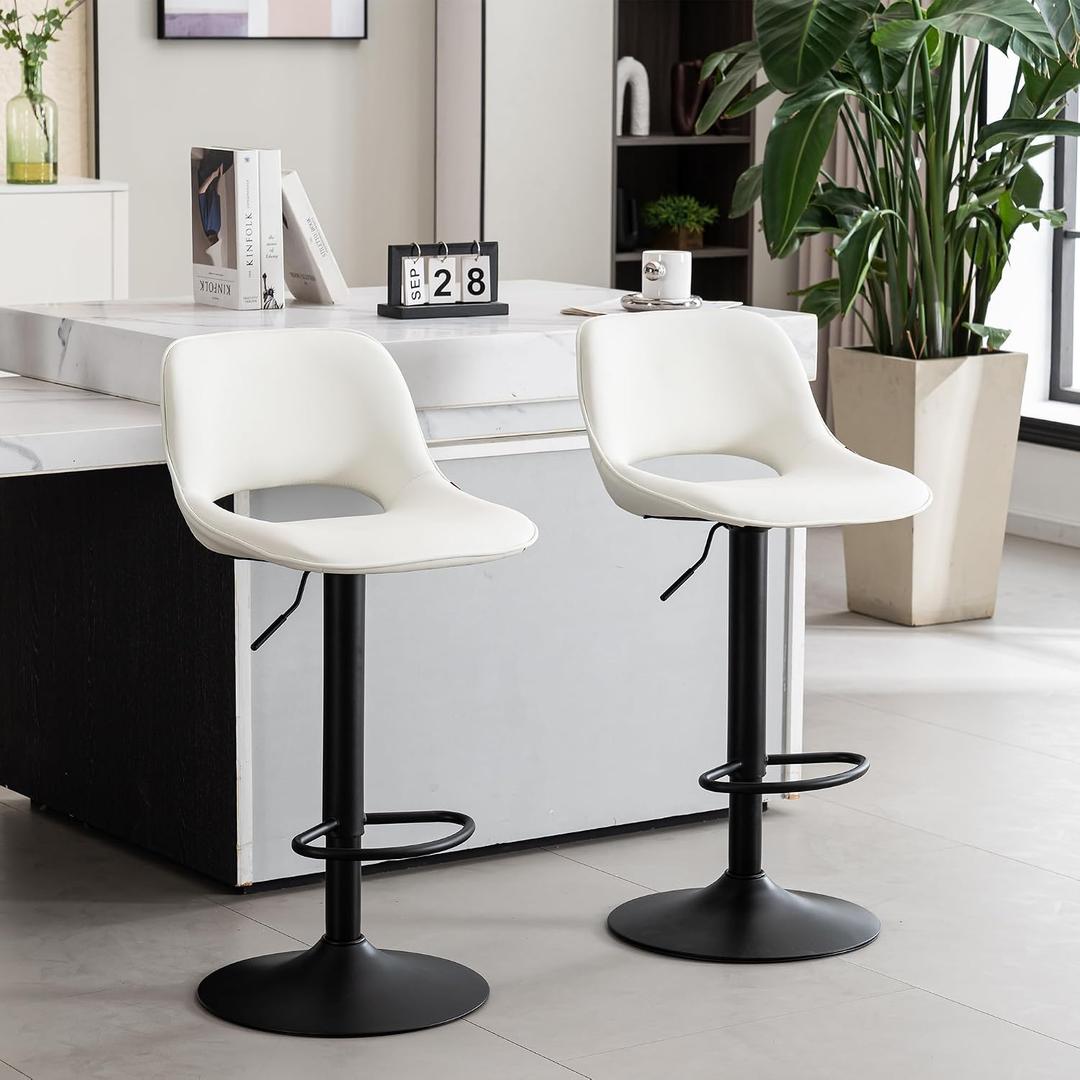 YOUNIKE Bar Stools Set of 2, Adjustable Counter Height Barstools Faux Leather Upholstered Counter Stools with Hollow Back for Kitchen Island, Warm White, Large