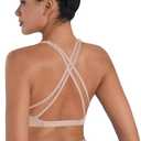 Sunzel Women's V-Neck Twist Sports Bra Low Impact with Removable Pads Cross Backless Straps Going Out Casual Padded Bralette (Large, Beige)