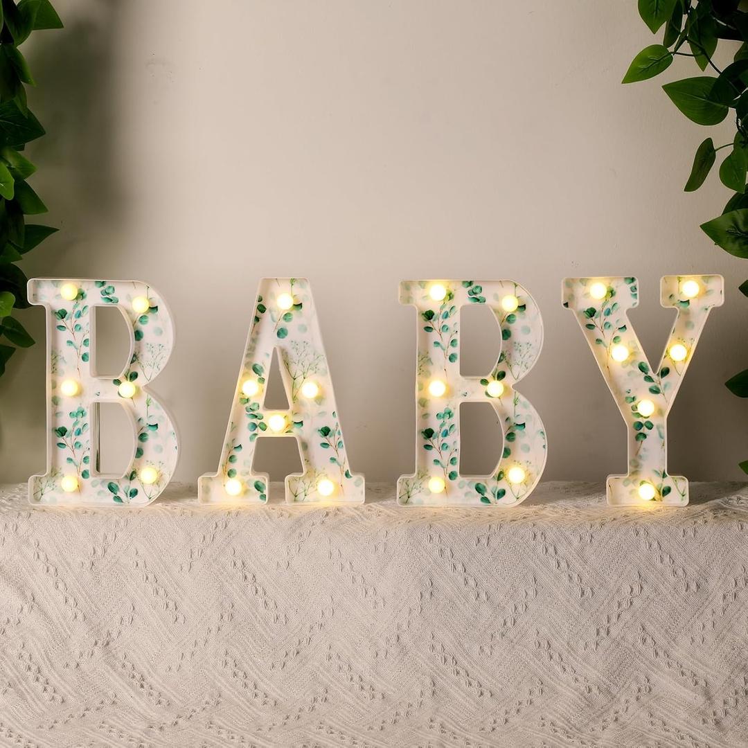 Realspring Baby Shower Sign Babe Marquee LED Letters Battery Operated Light up Centerpieces Glowing Home Table Party Decor for Boy Girl Gender Reveal Birthday, 8.26''(Eucalyptus Leaf Baby,Green)