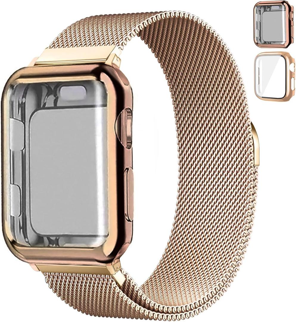 Magnetic Band and Case for Apple Watch Band 40mm 41mm 38mm 44mm 45mm 46mm 42mm Women/Men,Stainless Steel Milanese Loop Bracelet Strap with Cover Combo iWatch series 10 9 8 7 6 5 4 3 SE Ultra/2 49mm