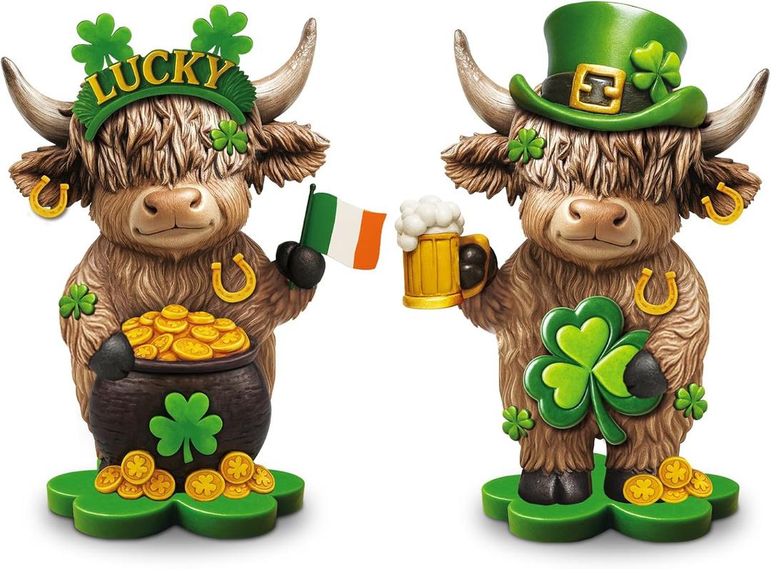 Thyle 2 Pcs St. Patrick's Day Shamrocks Highland Cow Figurines Irish Leprechaun Lucky Gnomes Scottish Resin Statue Calf Lovers Gifts for Home Garden Kitchen Office Tiered Tray Table Decor
